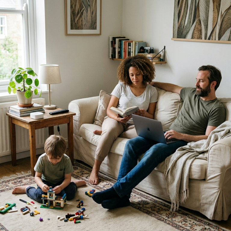 Familia compartiendo en un living iluminado
