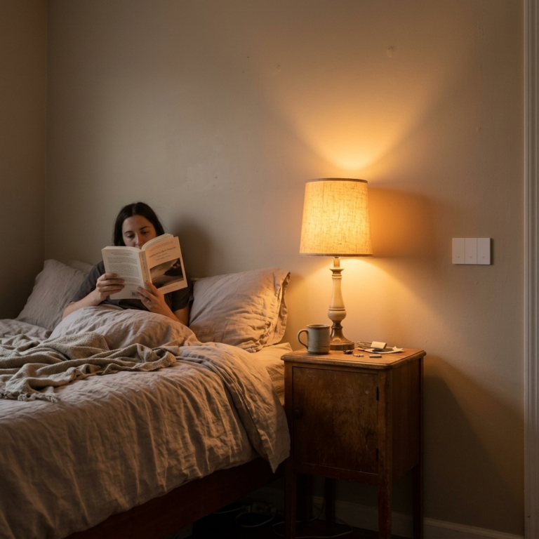 Lámpara de velador encendida con luz cálida junto a la cama