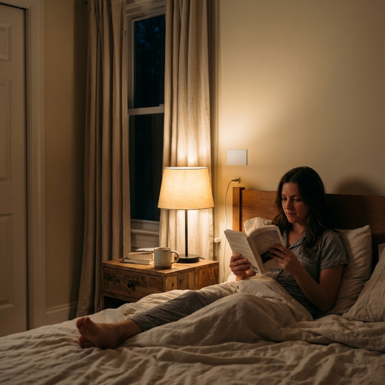 Persona leyendo en la cama con luz baja