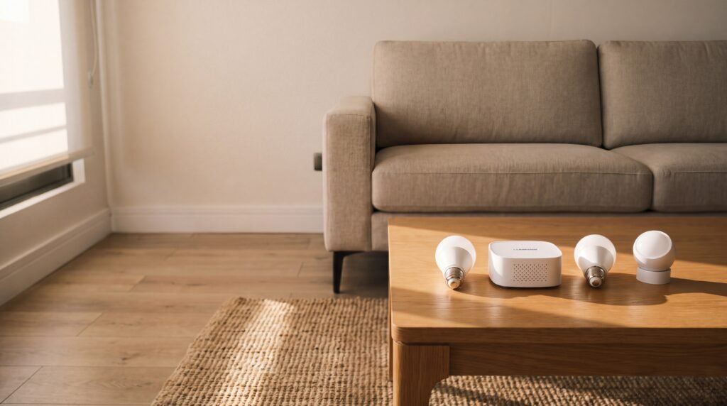 Living de departamento con dispositivos inteligentes sobre la mesa
