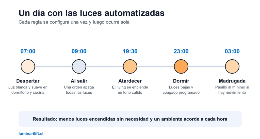 Línea de tiempo de un día con luces automatizadas: luz suave al despertar, apagado general al salir, tono cálido al atardecer, luces bajas al dormir y pasillo al mínimo de madrugada